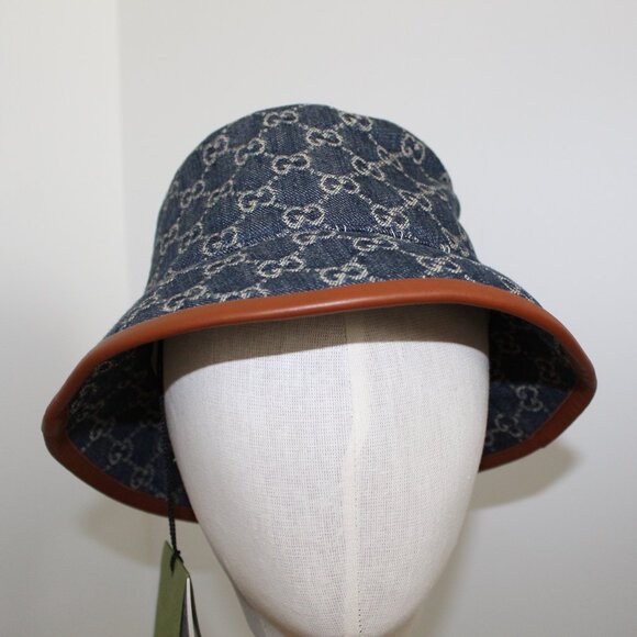 NWT GUCCI GG Blue Denim Brown Leather Trim Bucket Hat M 58 cm 576371 UNISEX
